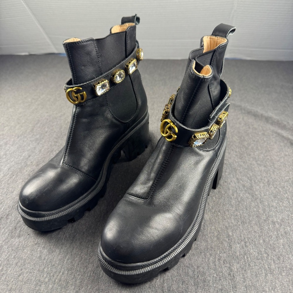 Gucci Trip Black Leather Jewel Embellished Lug Sole Combat Ankle Boots Womens